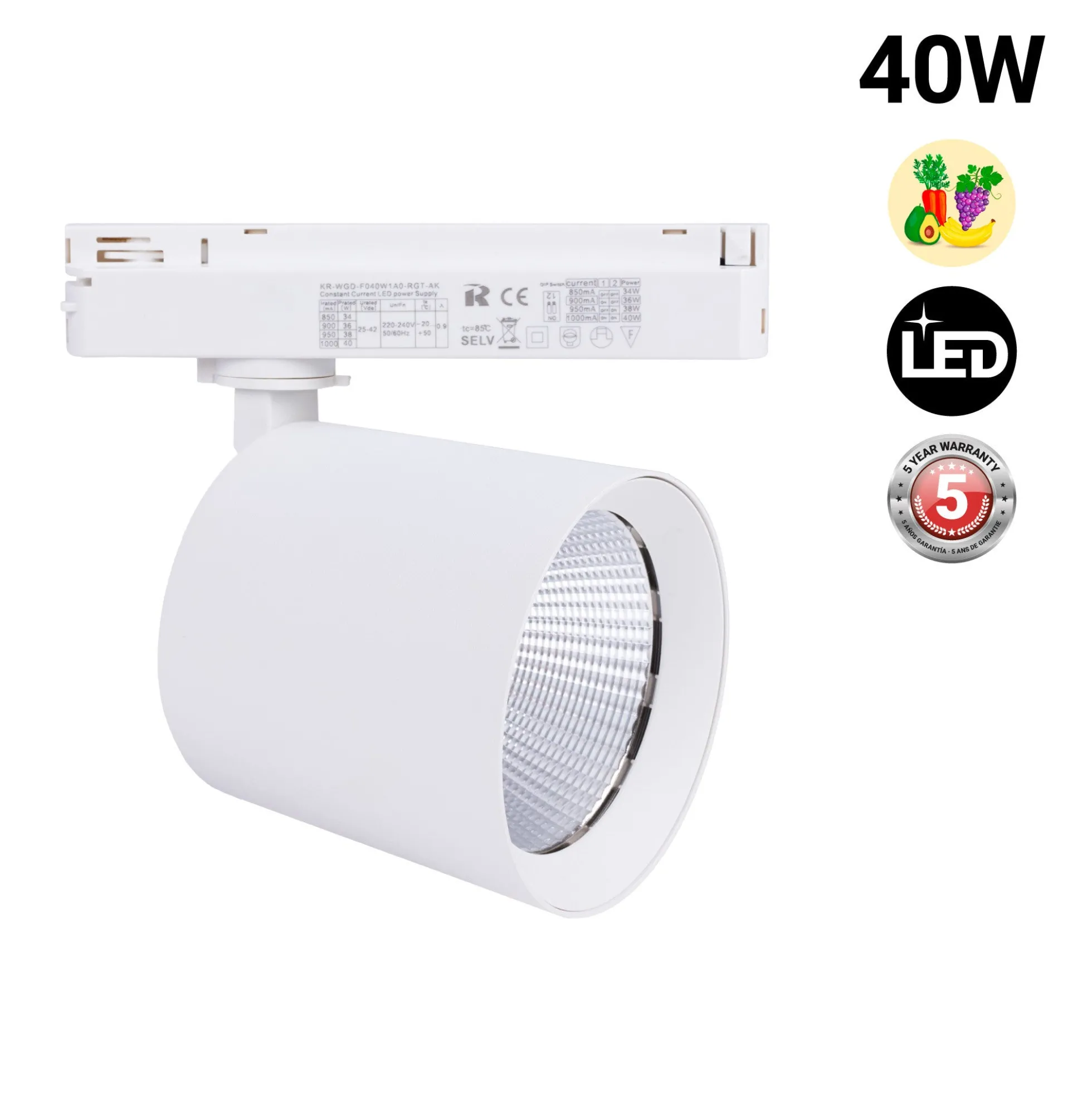 Proyector LED para carril monofásico 40W - Fruterías y verdulerías