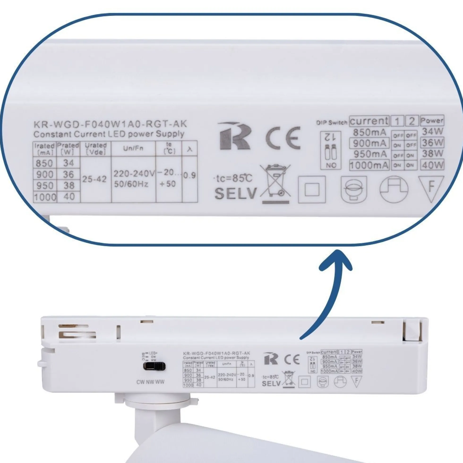 Proyector LED para carril monofásico CCT - 40W - CRI 90