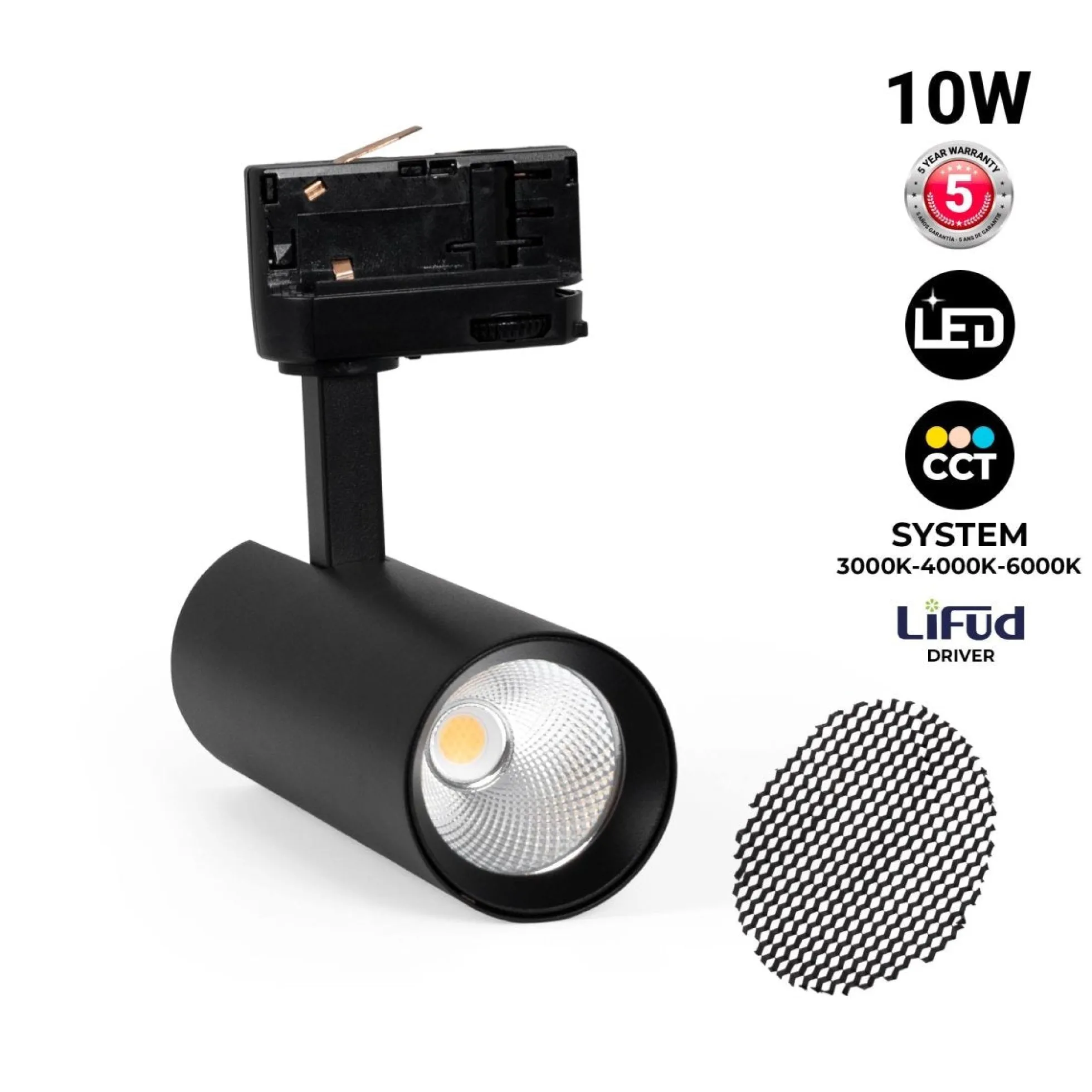 Proyector LED para carril trifásico - 10W - CCT - CRI90 - 860 lm