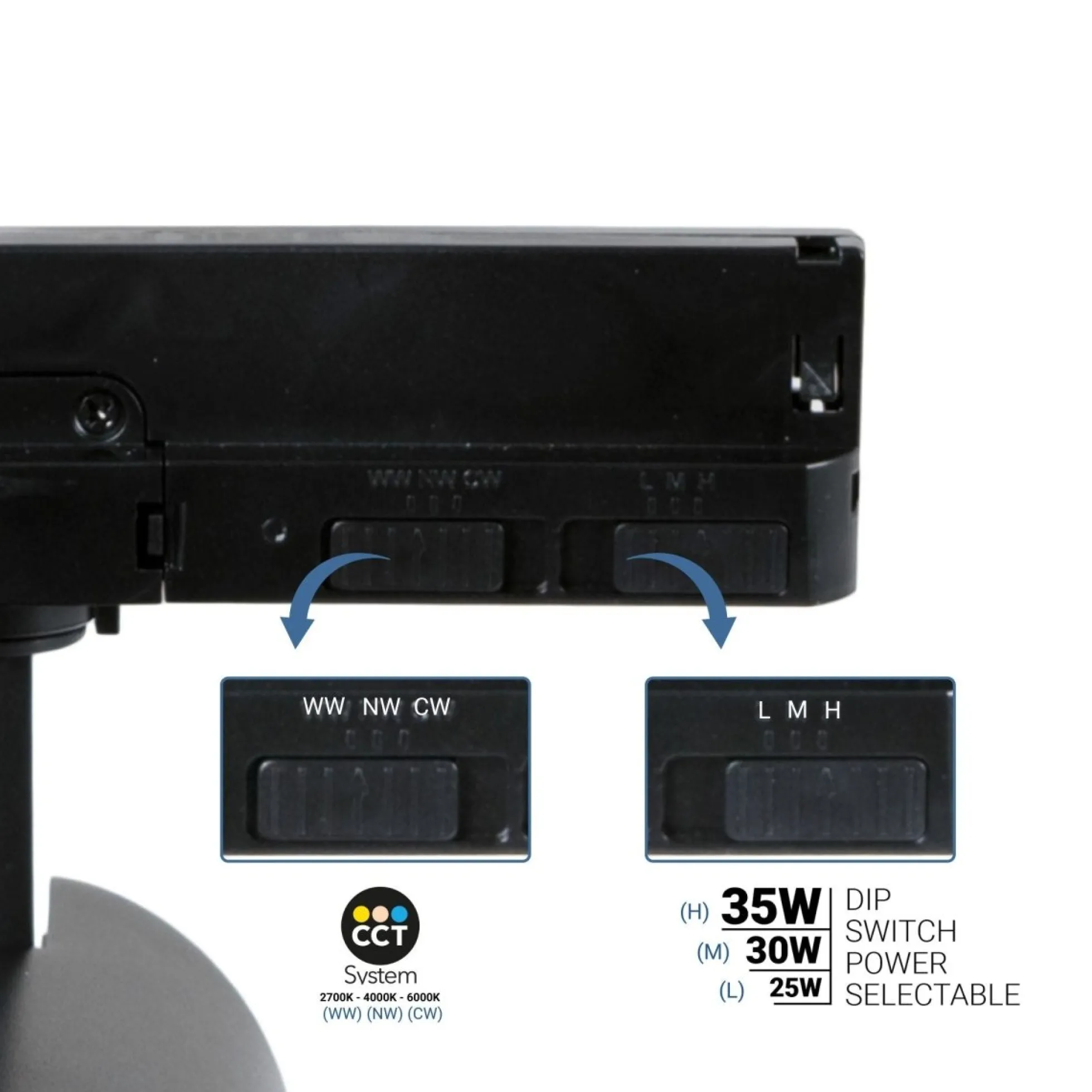 Proyector LED para carril trifásico - Potencia ajustable + ZOOM: 25W/30W/35W - CCT