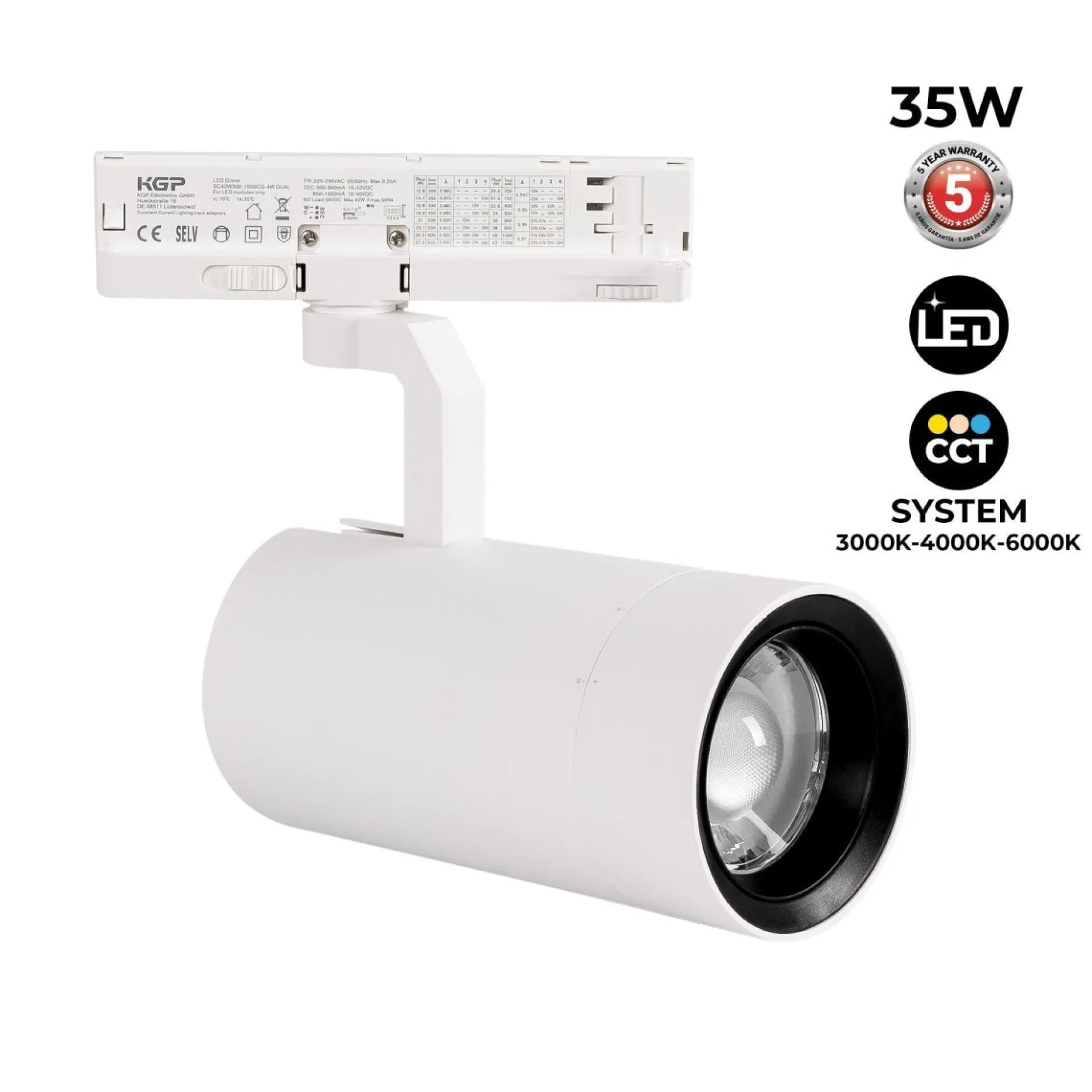 Proyector LED para carril trifásico 35W CCT - ZOOM 20º- 60º - CRI 90