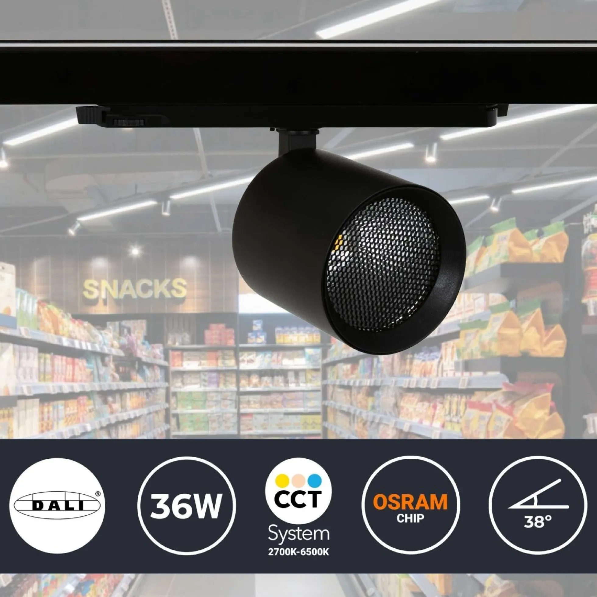 Proyector LED para carril trifásico 36W - DALI - CCT - CRI90 - Chip OSRAM