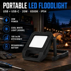 Proyector LED portátil de trabajo con batería - USB+USBC - 20W - 6500K - IP54