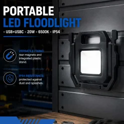 Proyector LED portátil de trabajo con batería - USB+USBC - 20W - 6500K - IP54