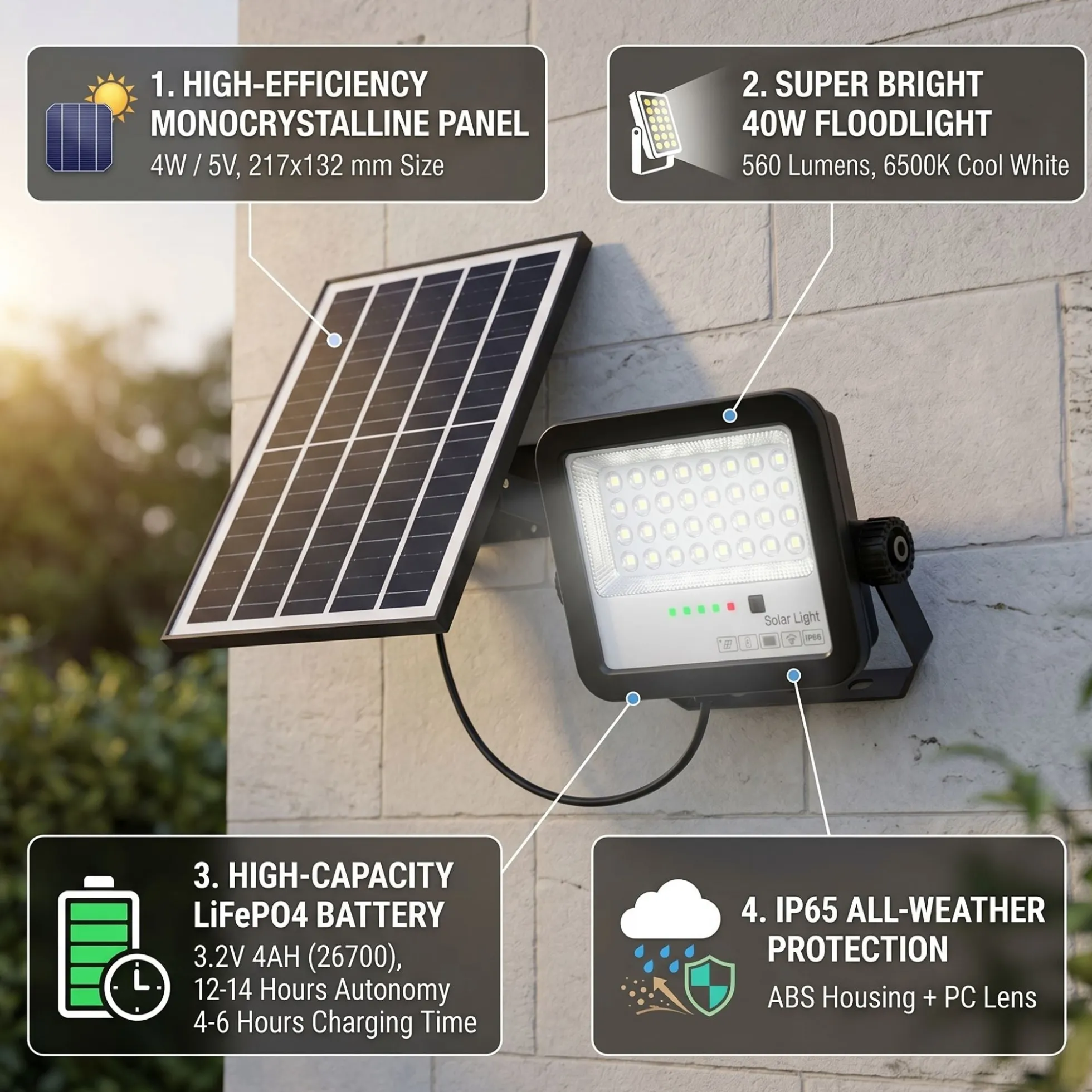 Proyector solar con panel y mando a distancia - 40W - 6500K - IP65