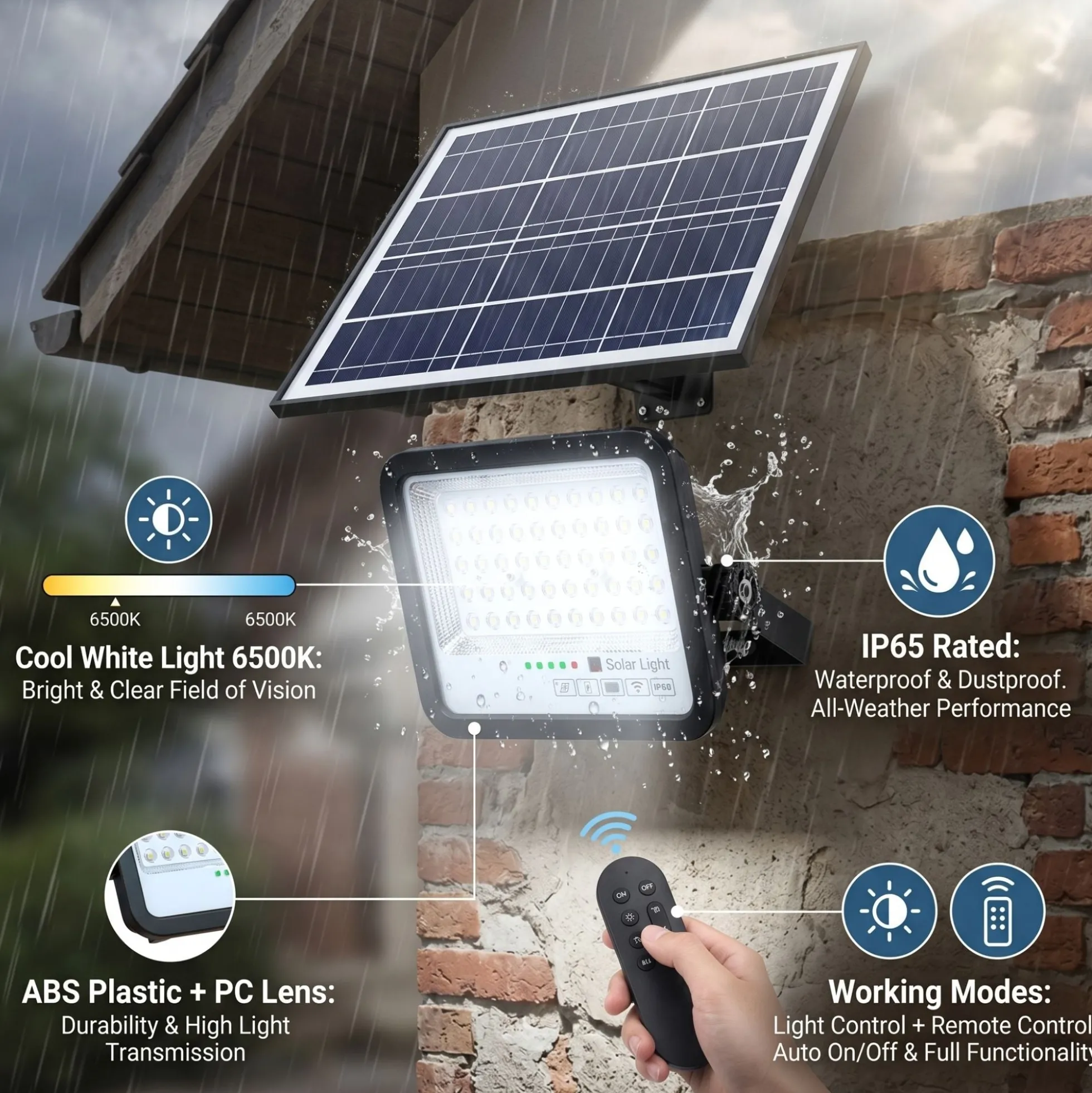 Proyector solar con panel y mando a distancia - 100W - Medium - 6500K - IP65
