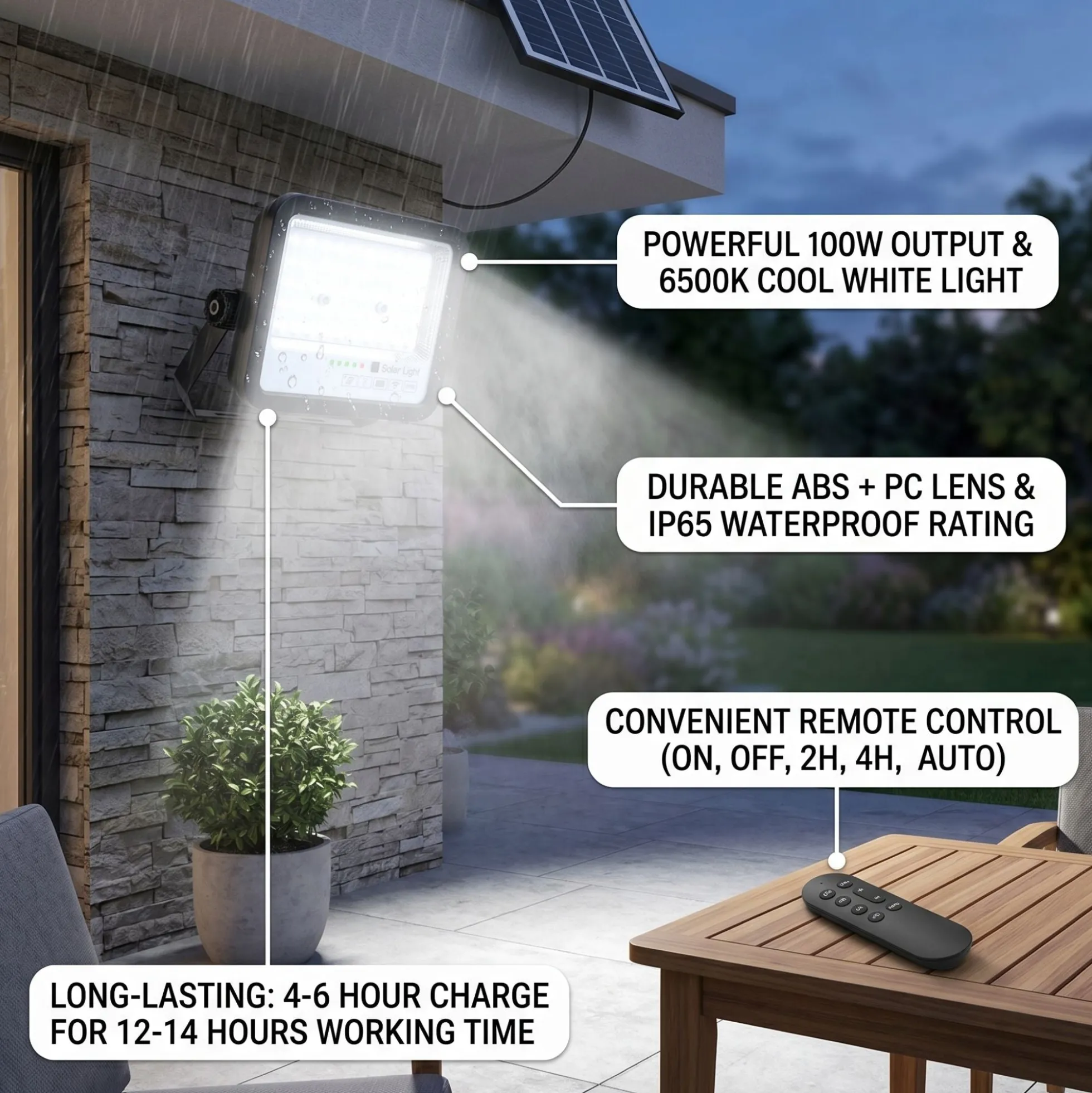 Proyector solar con panel y mando a distancia - 100W - Medium - 6500K - IP65
