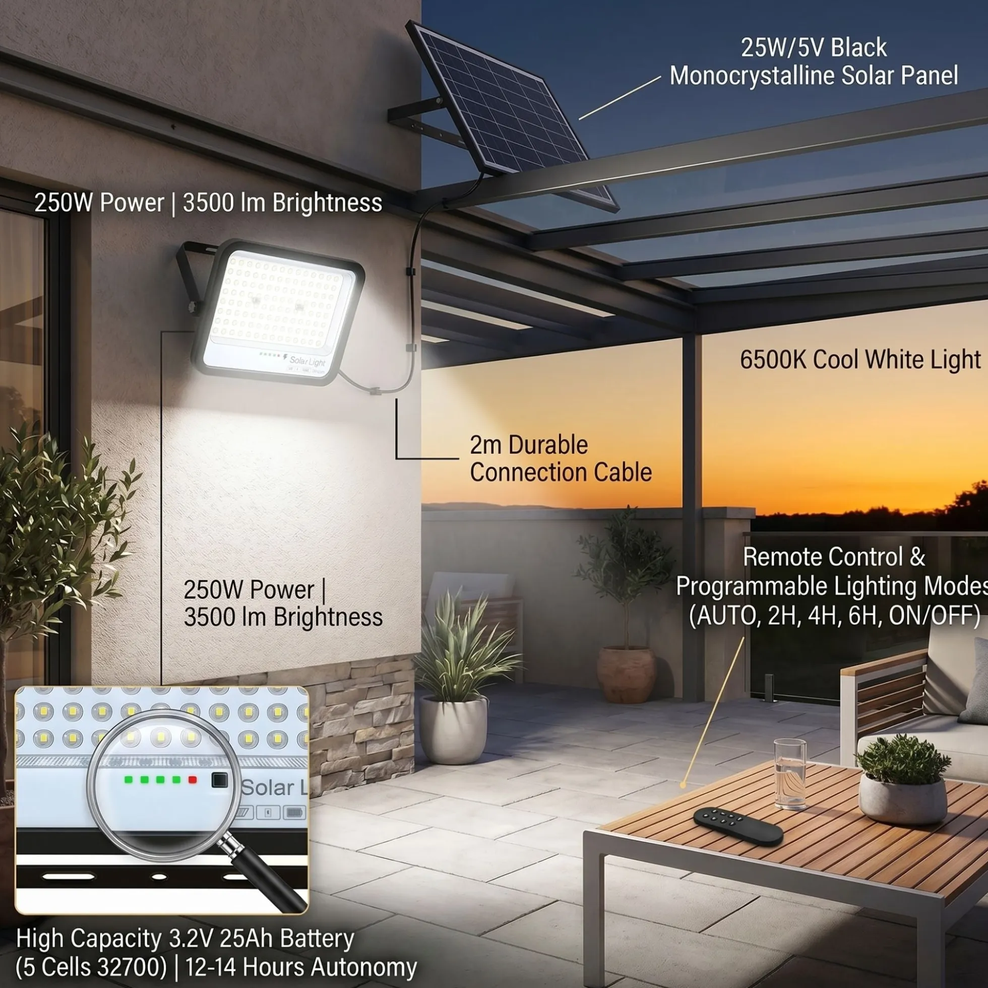 Proyector solar con panel y mando a distancia - 250W - 6500K - IP65