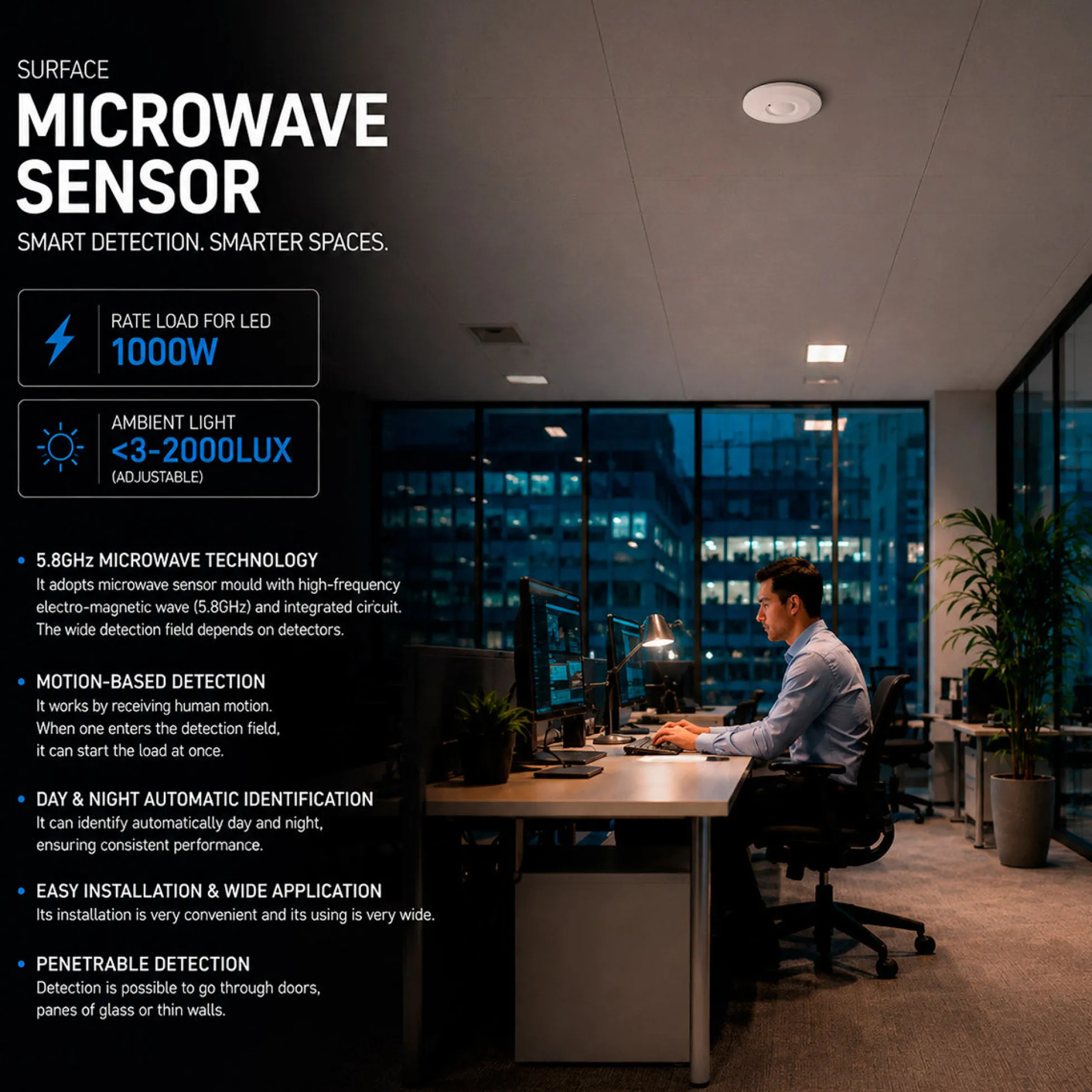 Sensor de movimiento microondas - Techos altos - 360º - 1000W - IP20