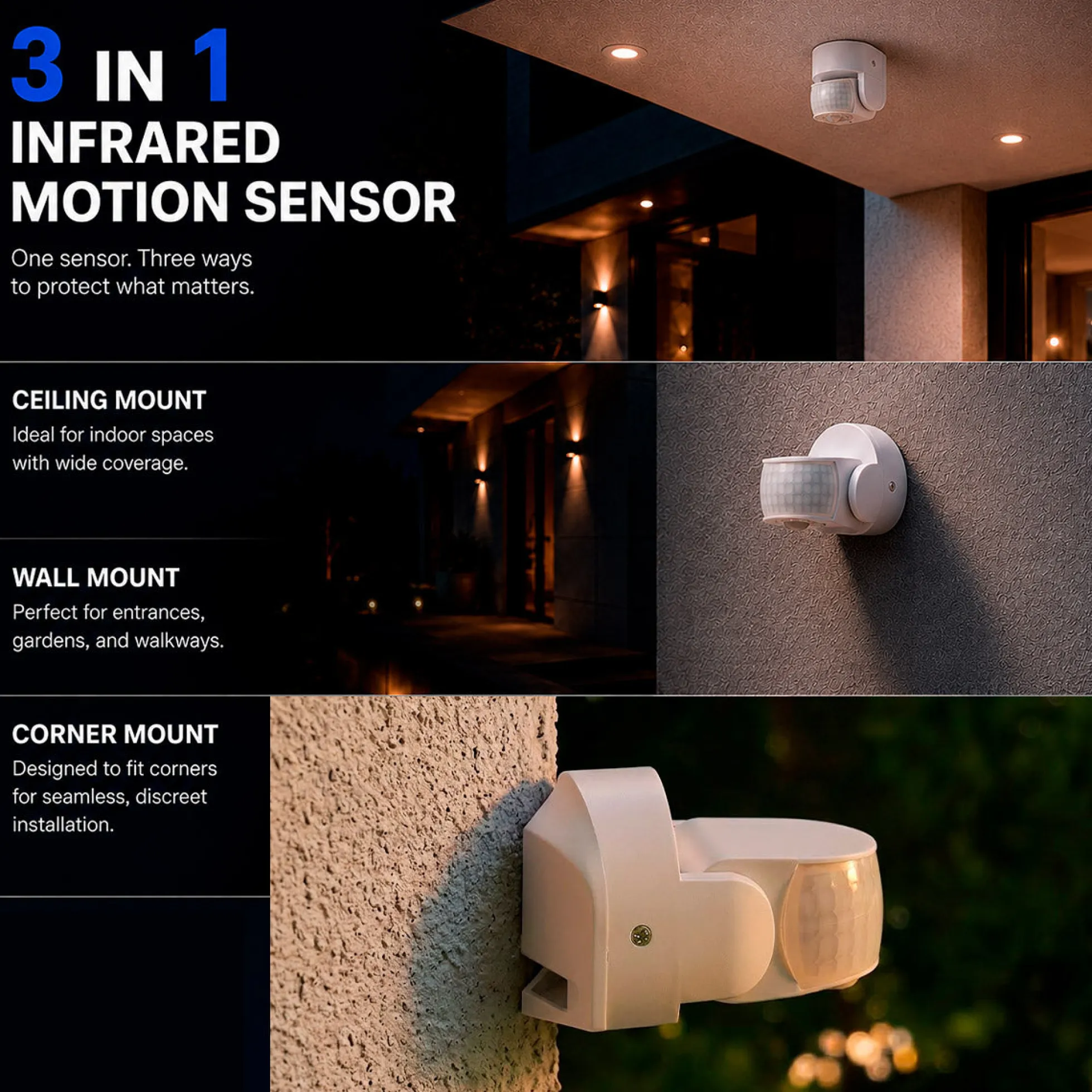 Sensor de movimiento PIR - 3 en 1 - 180°/360° - 600W - IP65
