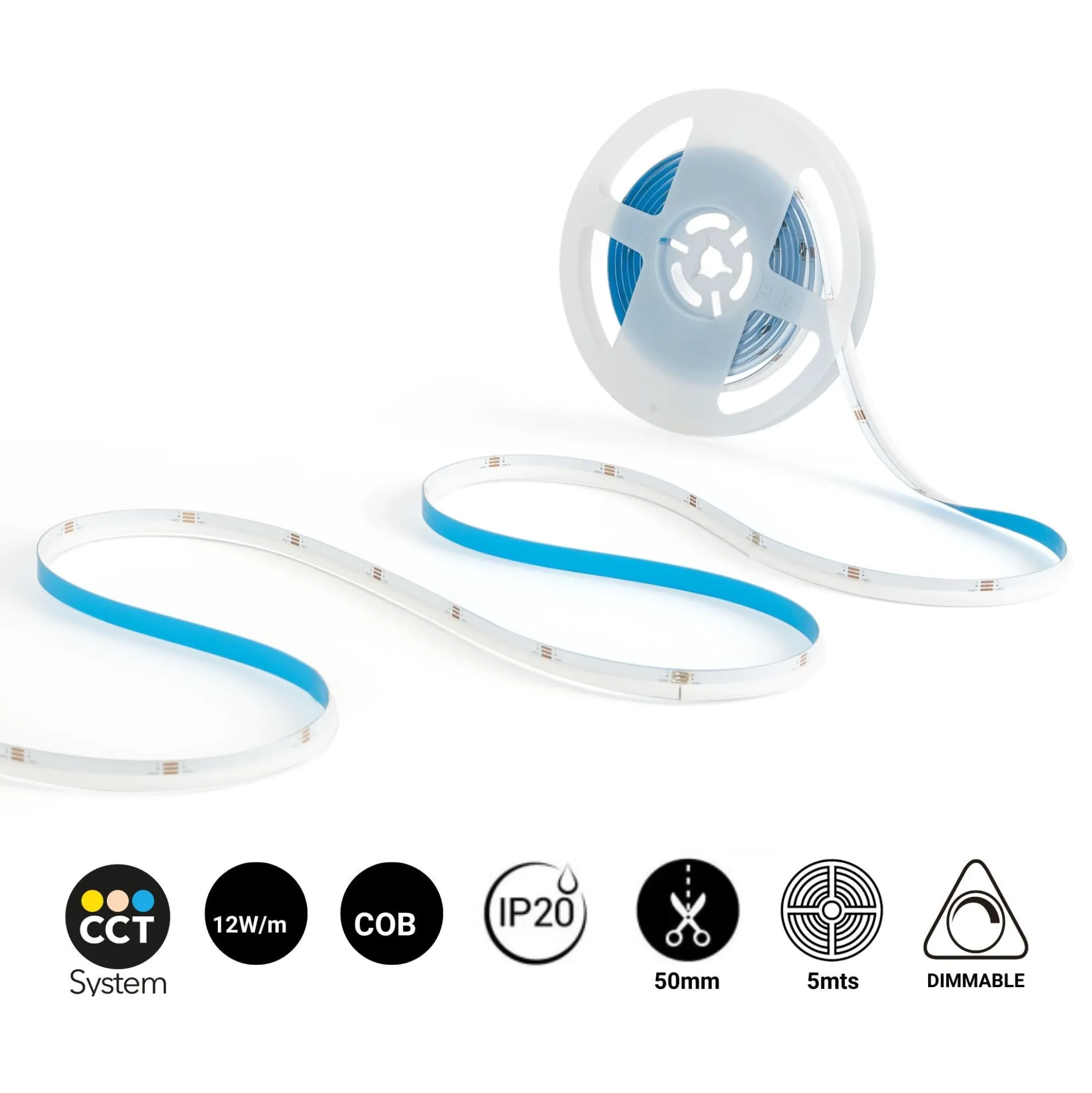 Tira LED COB 24V DC CCT - Emisión lateral - 12W/m - 10mm - IP20 - Corte c/ 5cm - Rollo de 5 metros