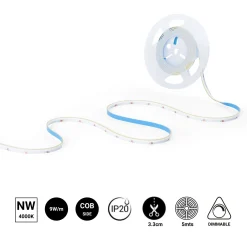 Tira LED COB 24V DC monocolor - Emisión lateral - 9W/m - 8mm - IP20 - Corte c/ 3cm - Rollo de 5 metros