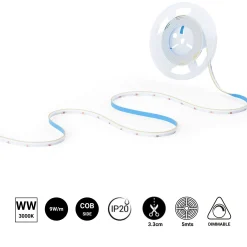 Tira LED COB 24V DC monocolor - Emisión lateral - 9W/m - 8mm - IP20 - Corte c/ 3cm - Rollo de 5 metros