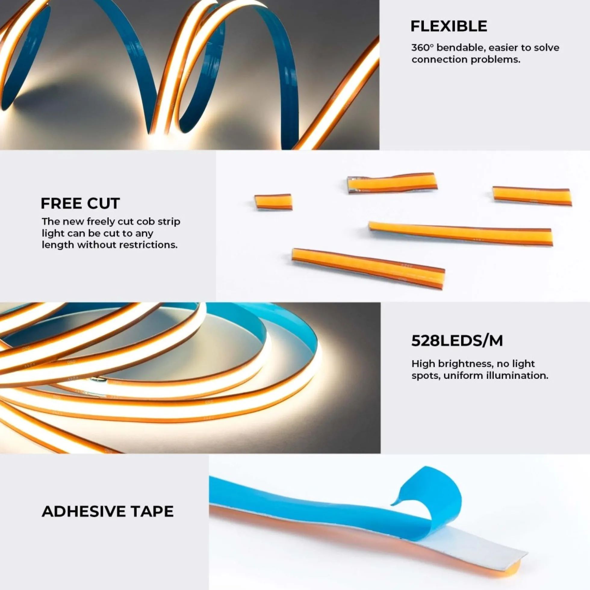 Tira LED COB 24V DC -Monocolor - FREE CUT - 11W/m - 8mm - IP20 - Rollo de 10 metros
