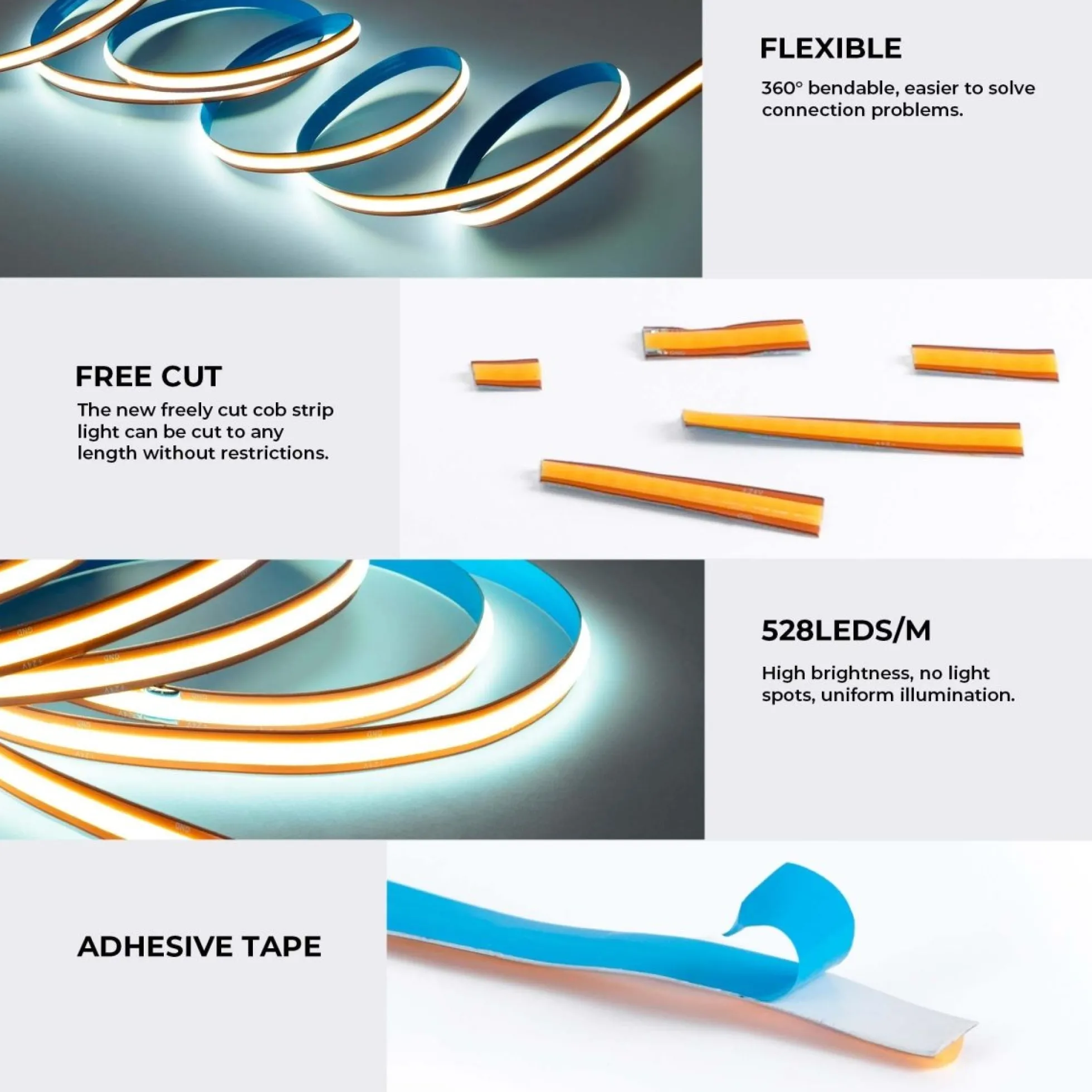 Tira LED COB 24V DC -Monocolor - FREE CUT - 11W/m - 8mm - IP20 - Rollo de 10 metros
