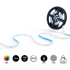Tira LED COB 24V DC RGB - Emisión lateral - 12W/m - 10mm - IP20 - Corte c/ 5cm - Rollo de 5 metros