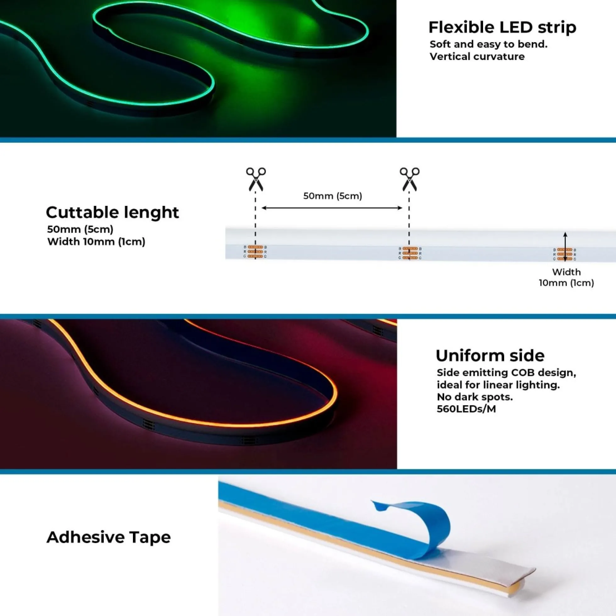 Tira LED COB 24V DC RGB - Emisión lateral - 12W/m - 10mm - IP20 - Corte c/ 5cm - Rollo de 5 metros