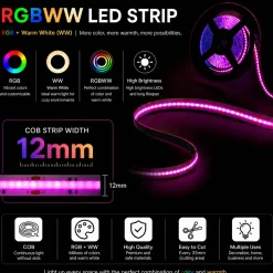 Tira LED COB 24V DC - RGBWW - 19W/m - 12mm - IP20 - Rollo de10metros - Corte 33mm