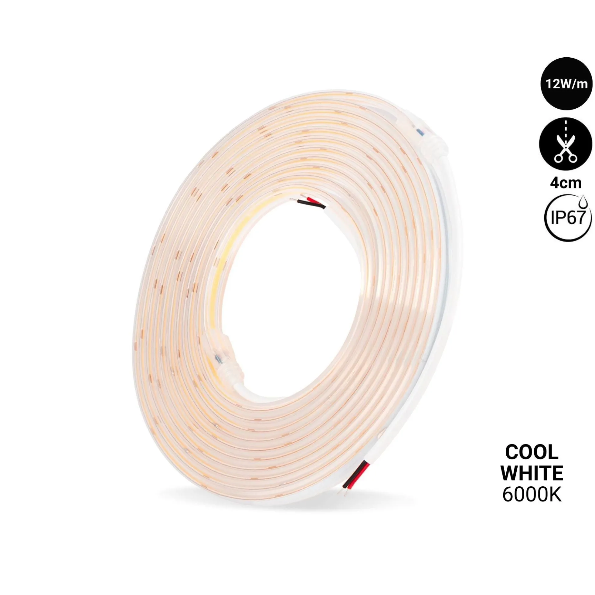 Tira LED COB 24V DC - 12W/m - 10mm - IP67 - Rollo de 5 metros - Corte cada 4cm