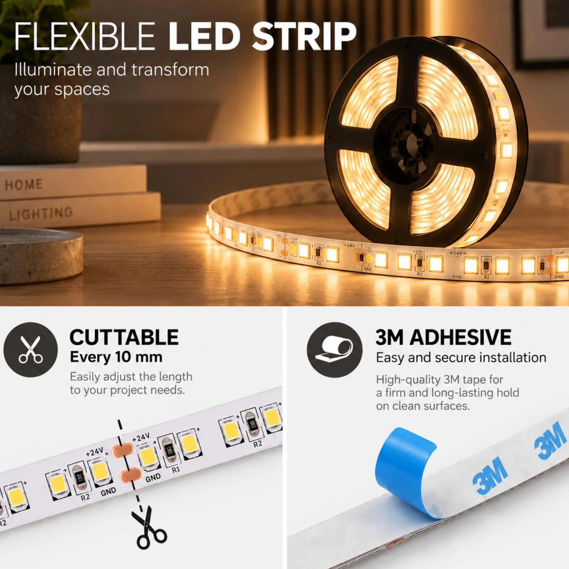 Tira LED 24V DC - 18W/m - Monocolor - 10mm - IP20 - Rollo 5 metros - 120ch/m