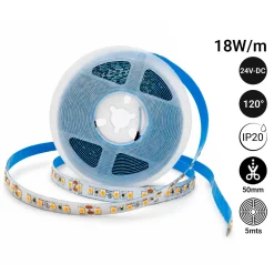 Tira LED 24V DC - 18W/m - Monocolor - 10mm - IP20 - Rollo 5 metros - 120ch/m