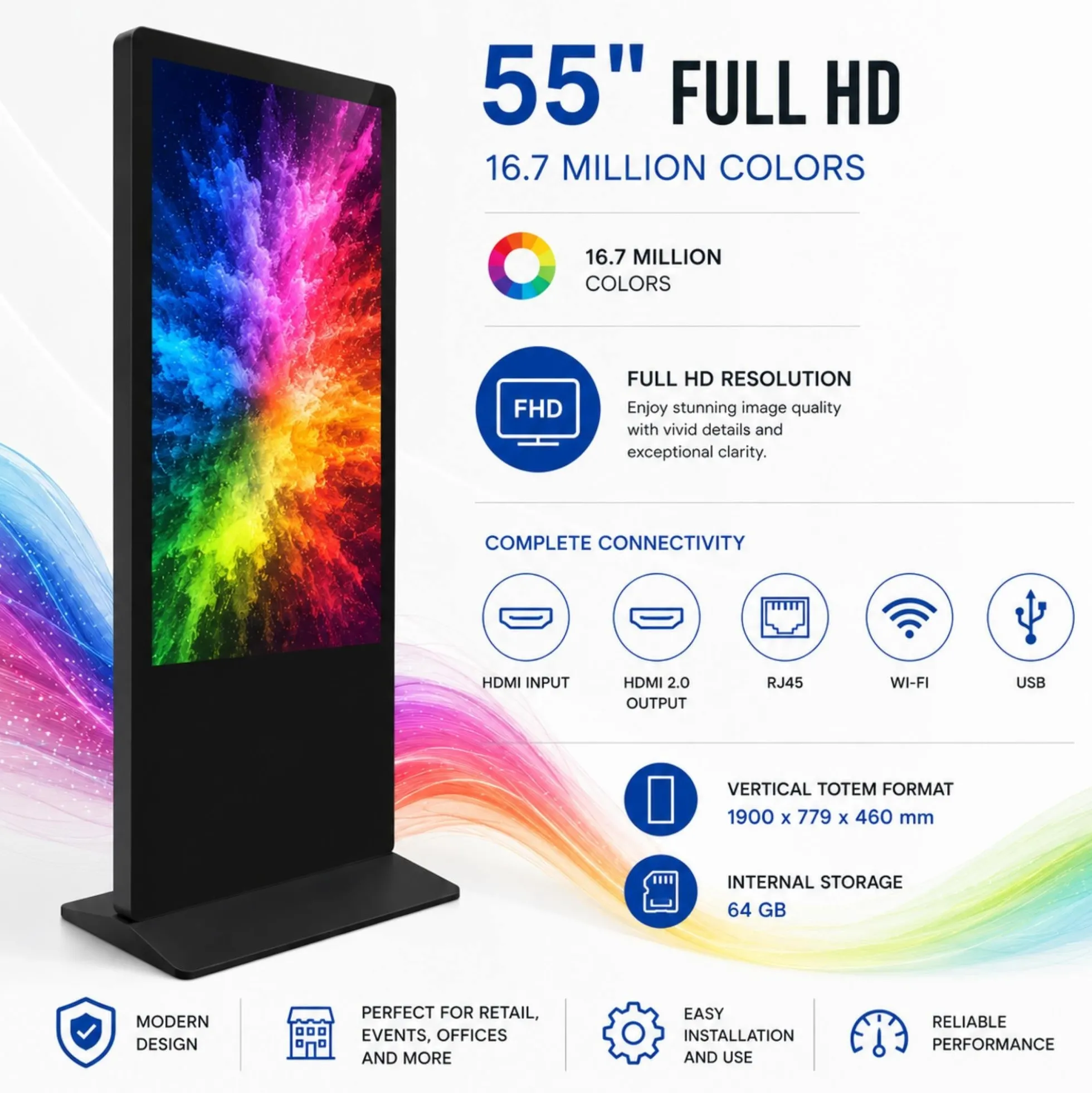 Tótem Publicitario Digital 55'' Full HD - Android 13 - Cartelería Vertical Interior - No táctil