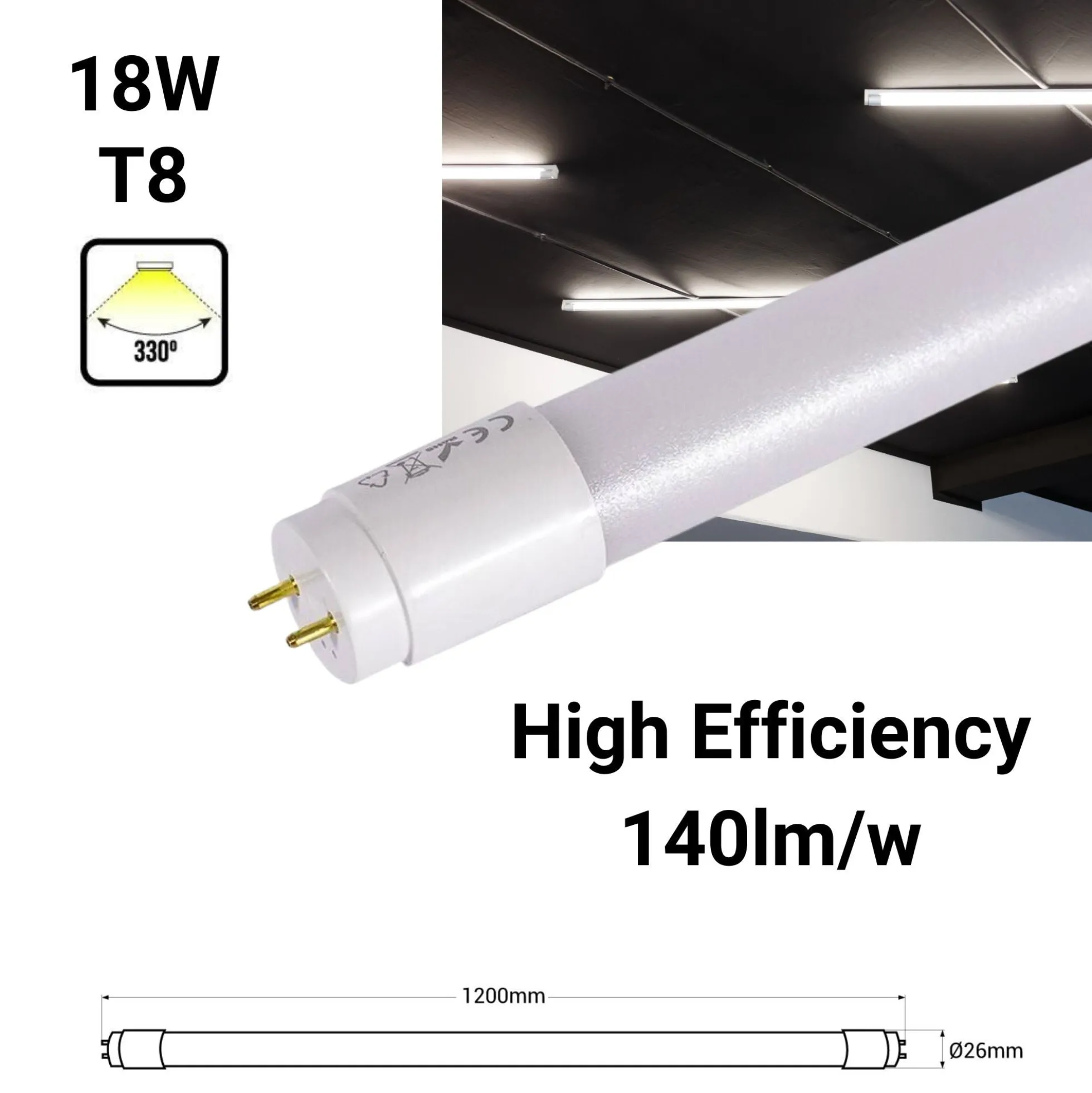 Tubo LED 120cm T8 - 18W - 140lm/W