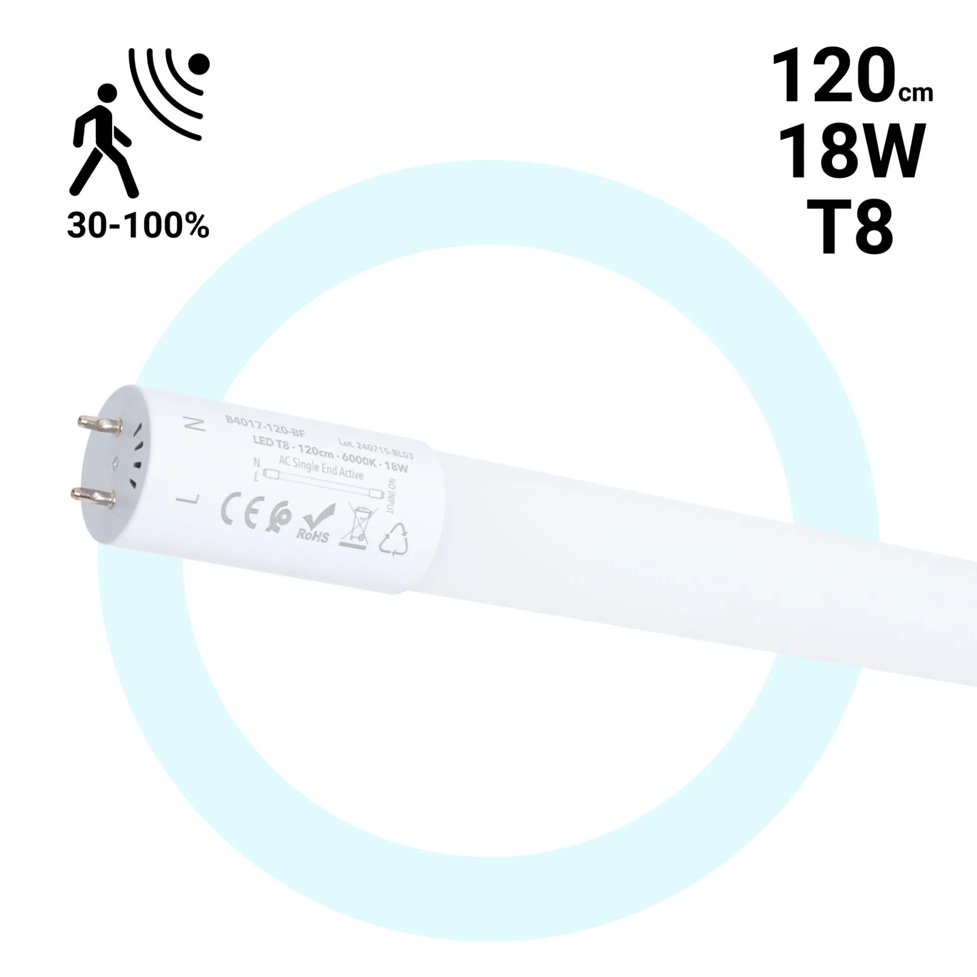 Tubo LED T8 con sensor de movimiento microondas 30-100% - 18W - 120 cm - 6000K