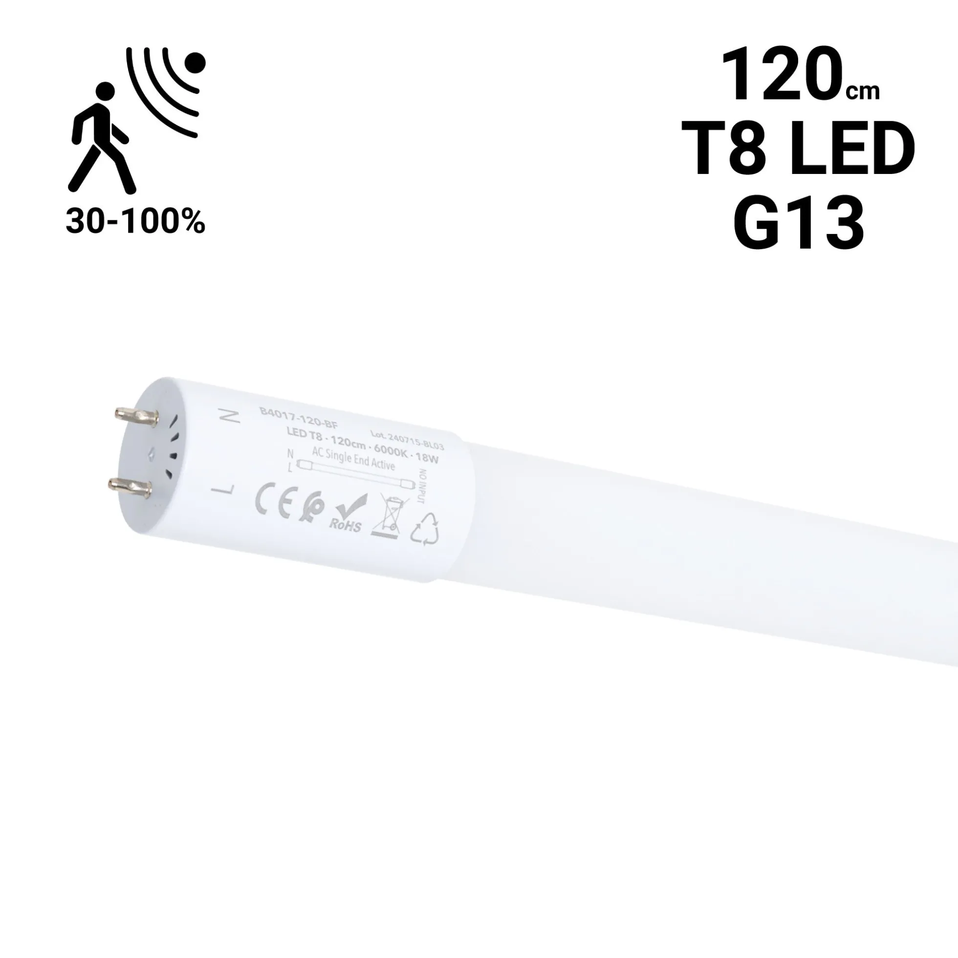 Tubo LED T8 con sensor de movimiento microondas 30-100% - 18W - 120 cm - 6000K