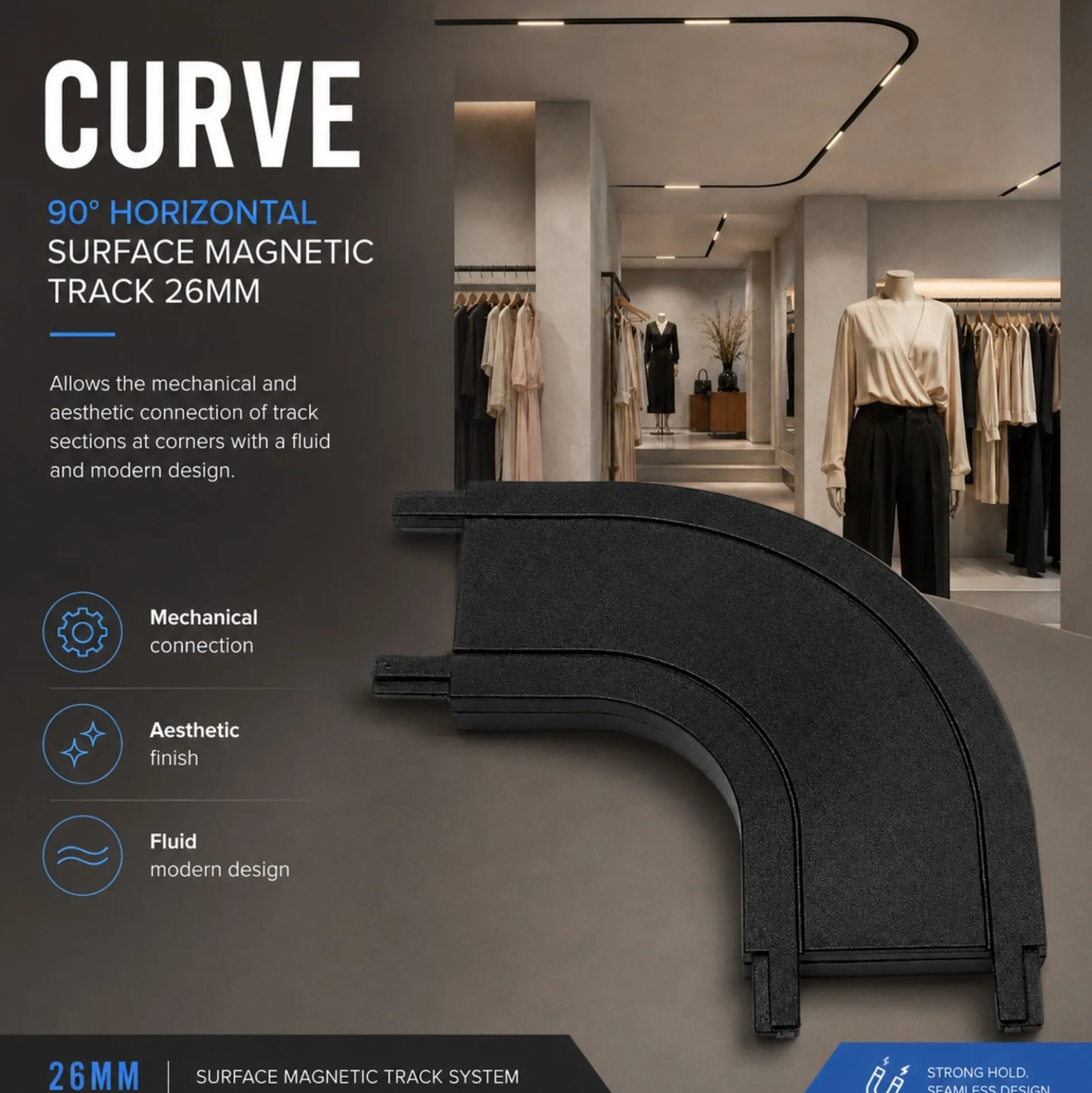 Unión curva 90 grados horizontal para carril magnético de superficie - 26mm
