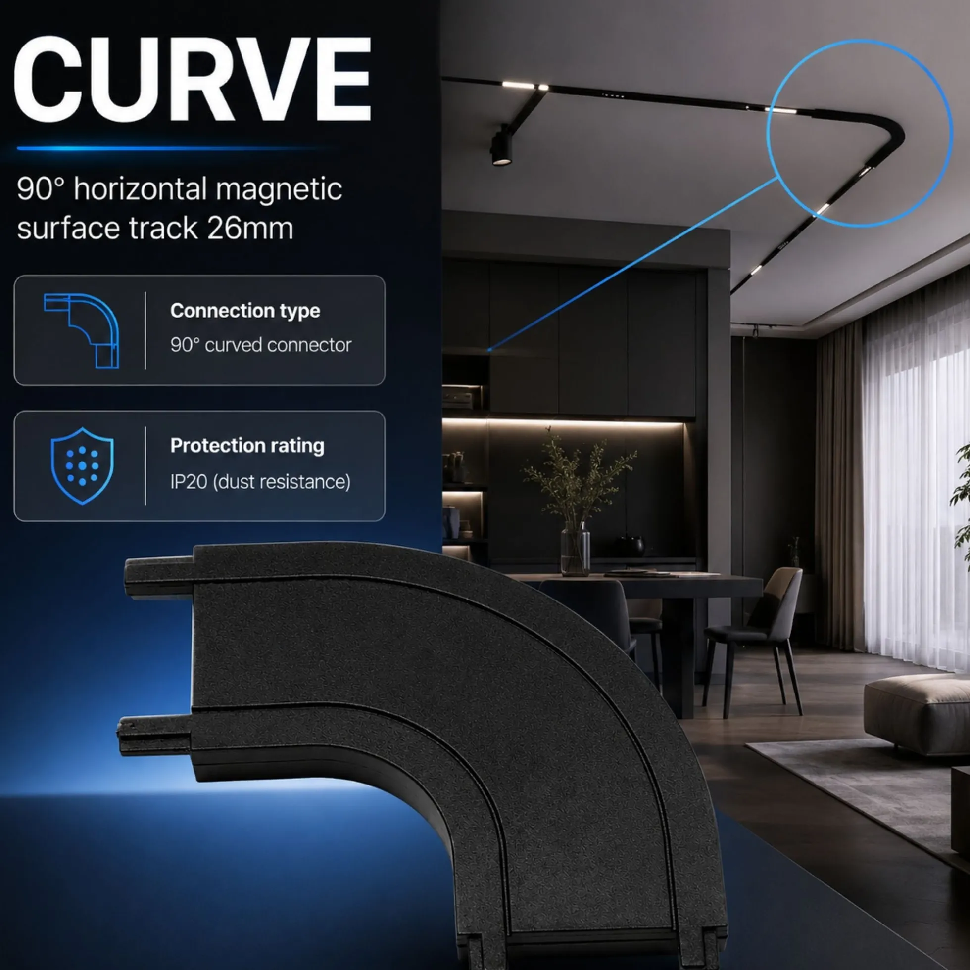 Unión curva 90 grados horizontal para carril magnético de superficie - 26mm